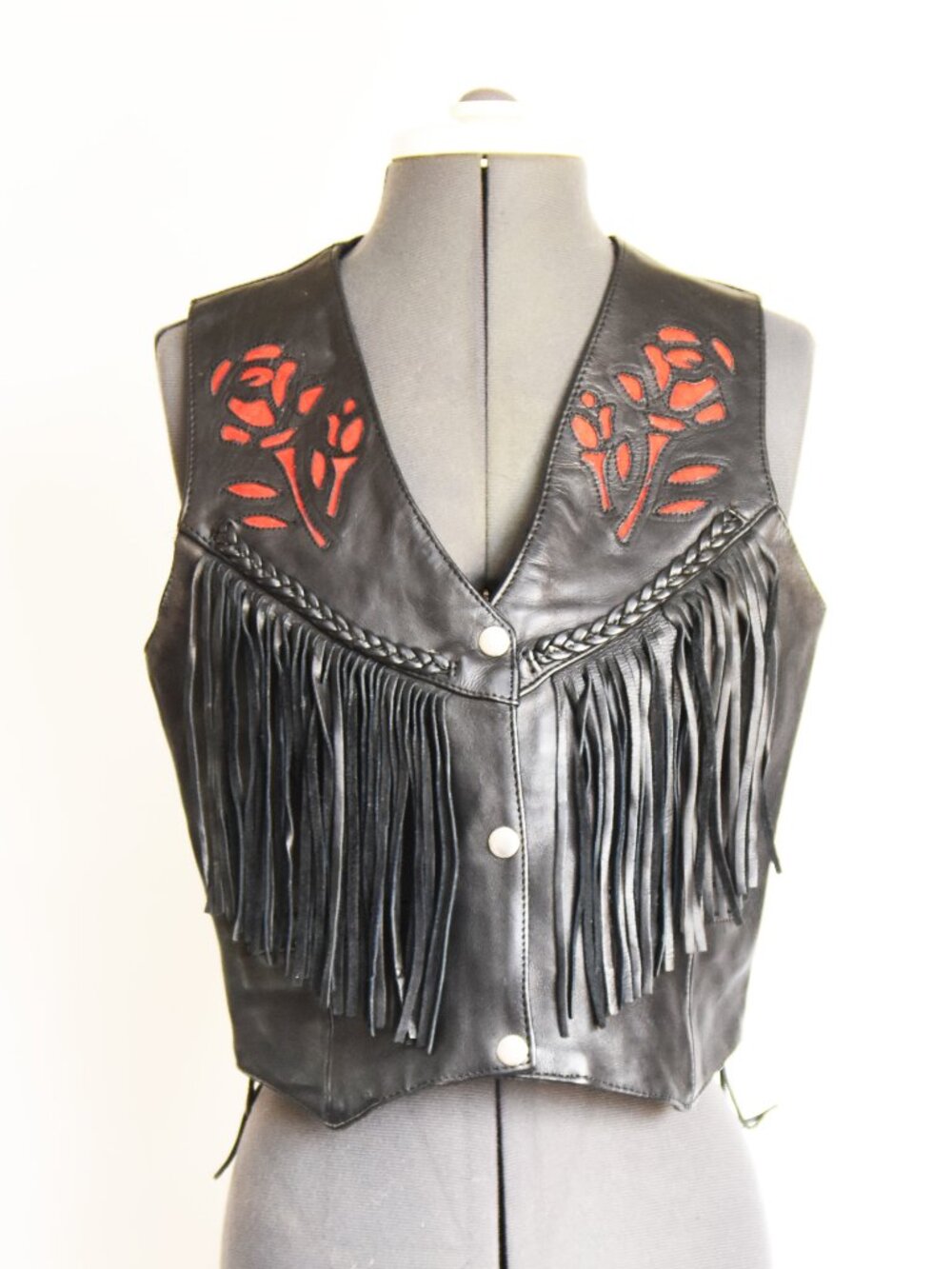 Vintage Black Leather Fringe Biker Vest Red Rose Inlay Lace Up Western Small